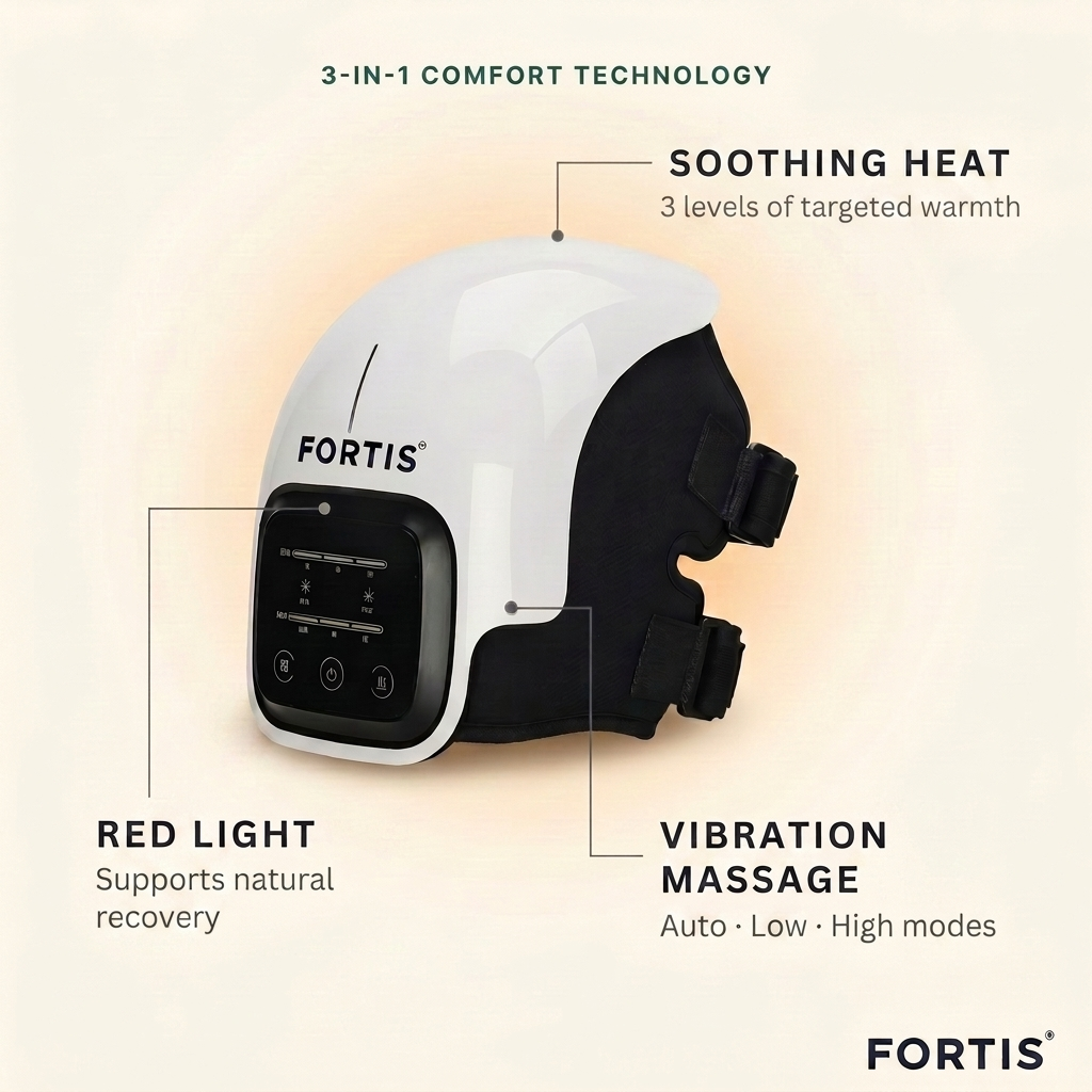 FORTIS 3-in-1 comfort technology — soothing heat, red light, vibration massage