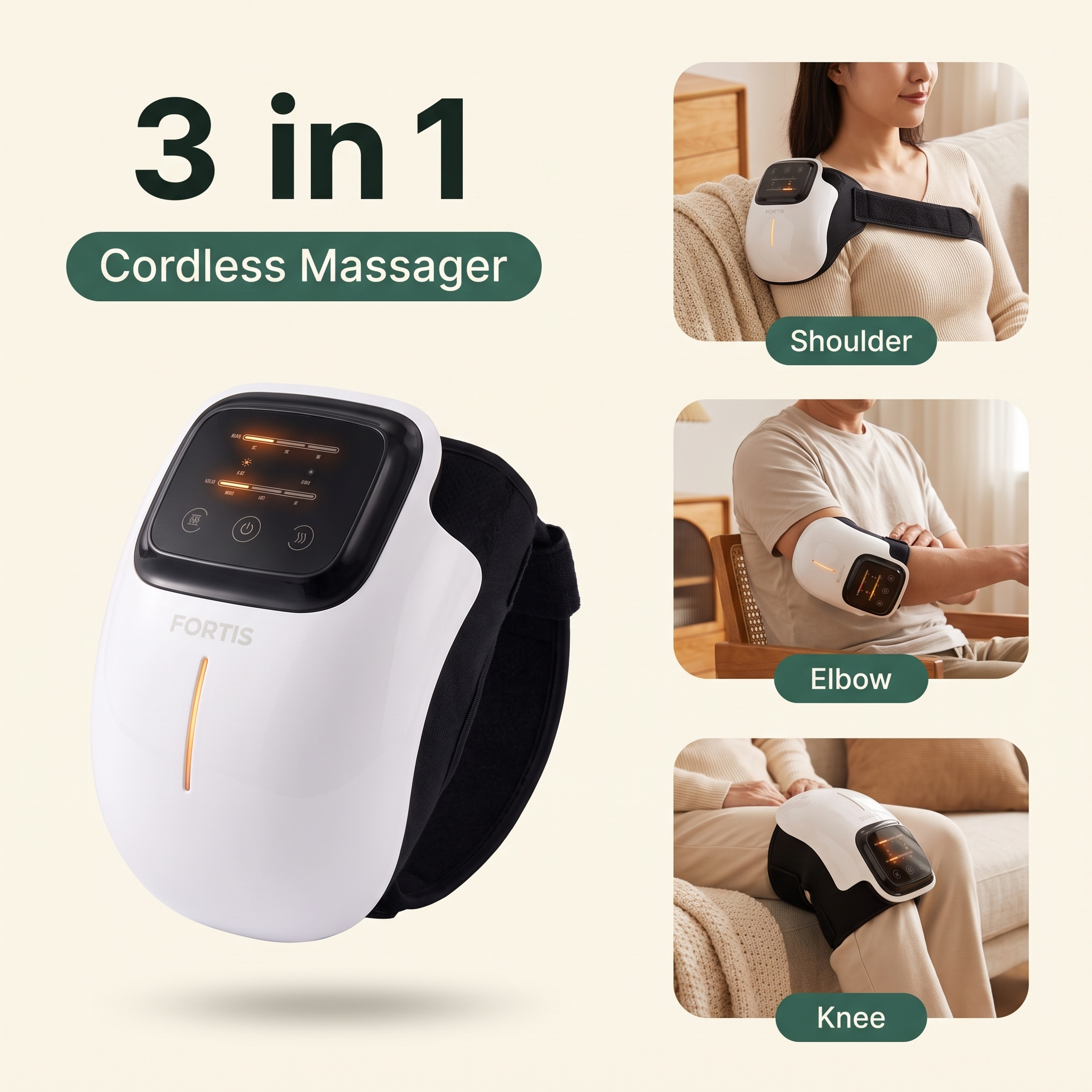 FORTIS 3-in-1 cordless massager for shoulder, elbow and knee — soothing heat, red light and vibration