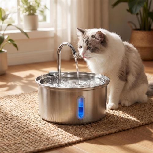 Furova Flow Plus 3.2L stainless-steel fountain — cat drinking from the flowing water at home