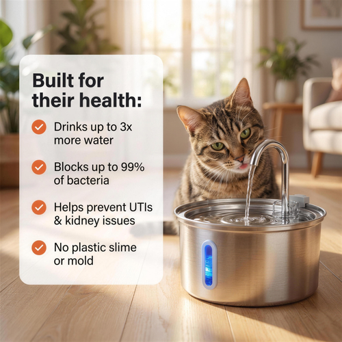 Built for their health — drinks up to 3x more water, blocks up to 99% of bacteria, helps prevent UTIs & kidney issues, no plastic slime or mold