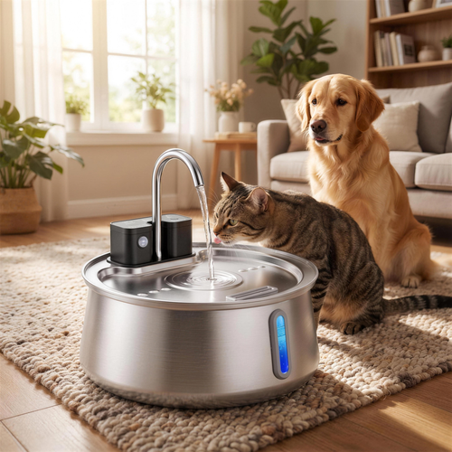 Furova Flow Sense 4L wireless fountain — cat and dog drinking, cozy living room