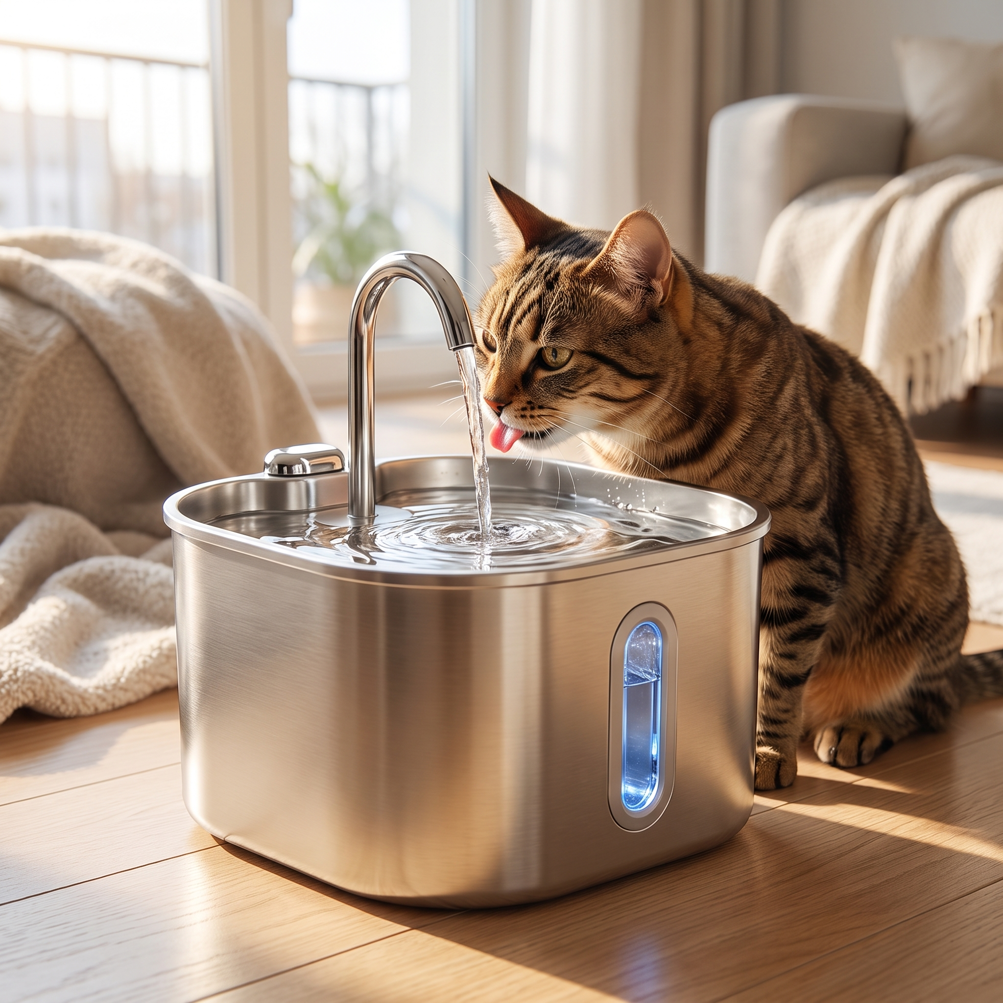 Furova Flow 2.2L stainless fountain — cat drinking, cozy apartment