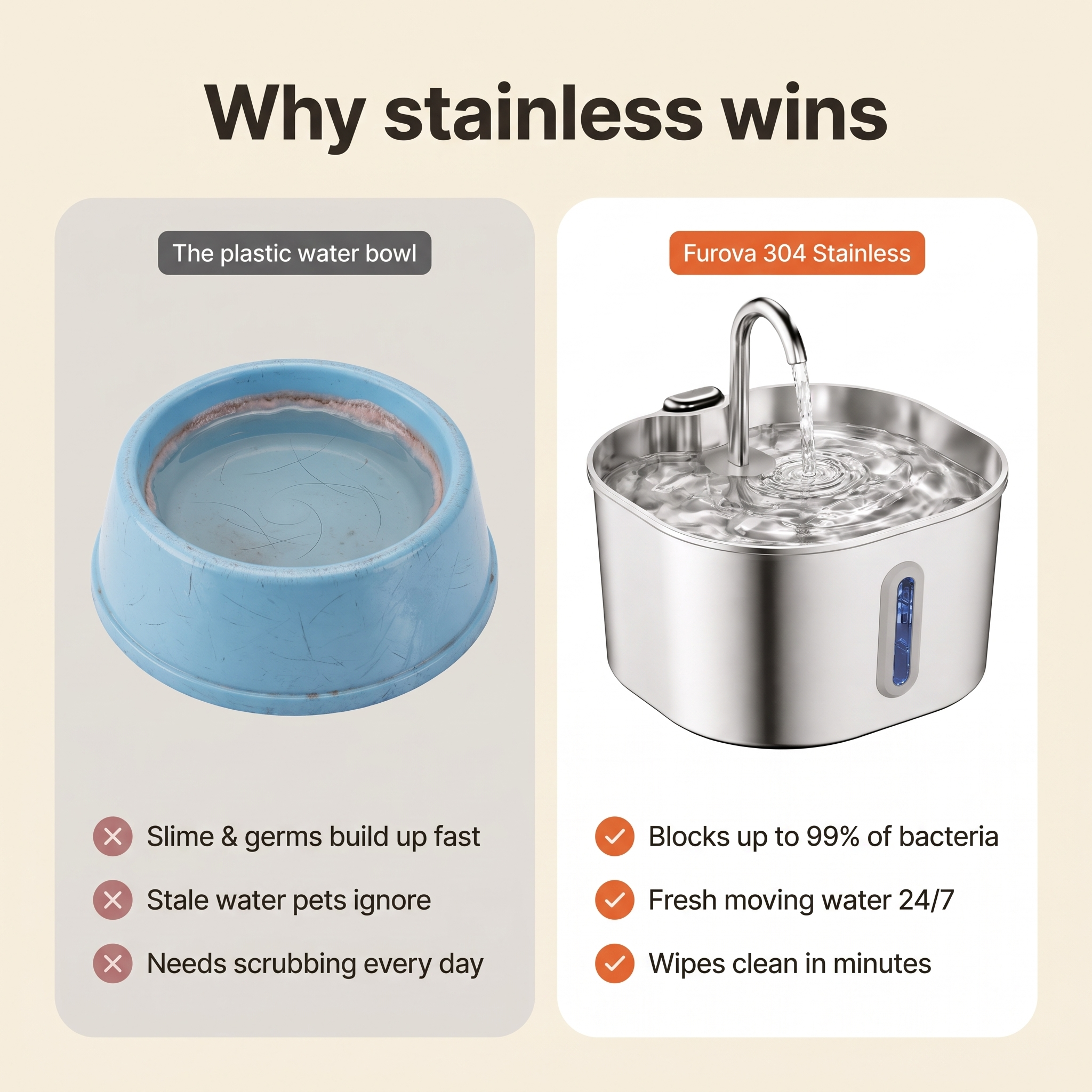 Why stainless wins — the plastic water bowl vs Furova 304 stainless