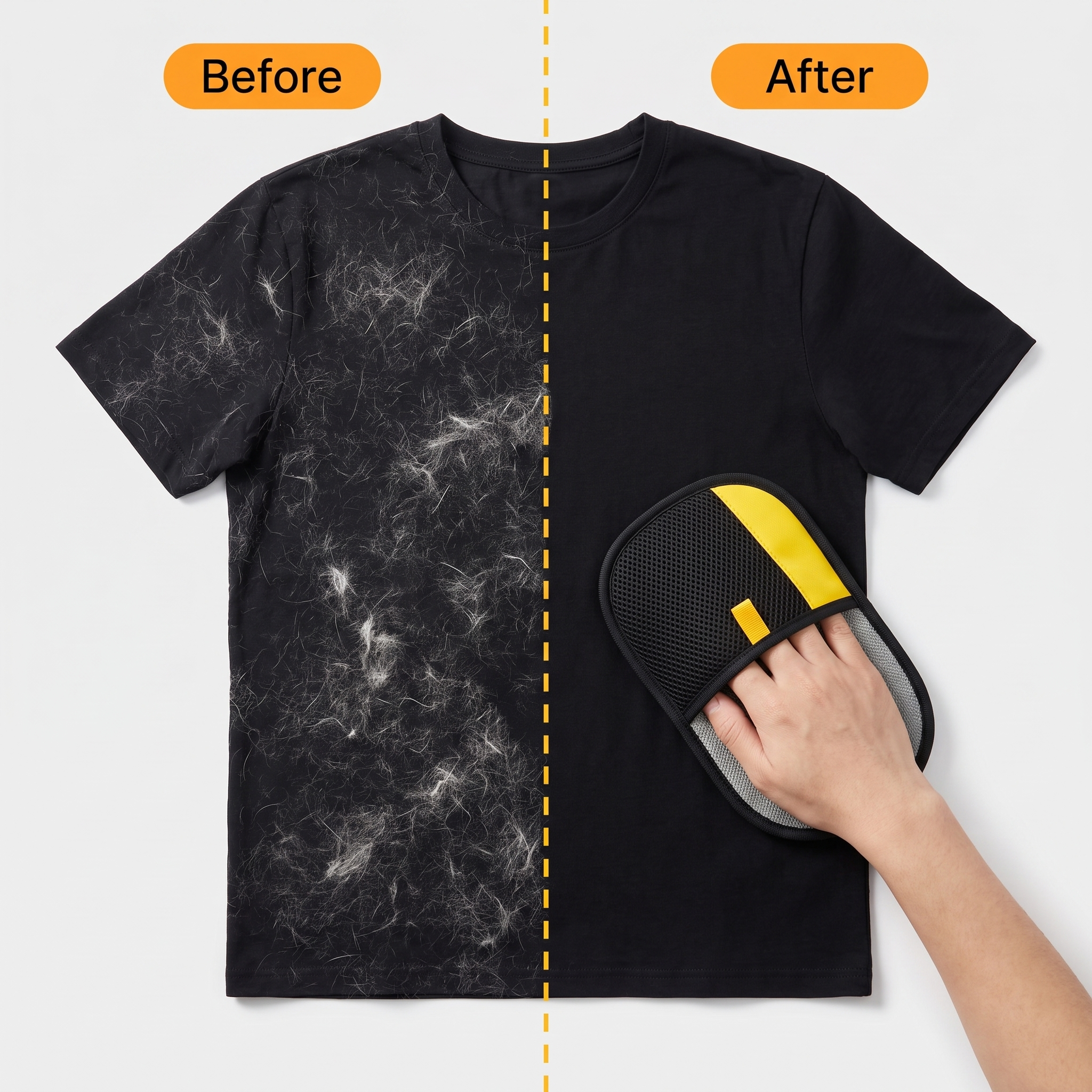 Before and after — pet hair lifted from a black shirt