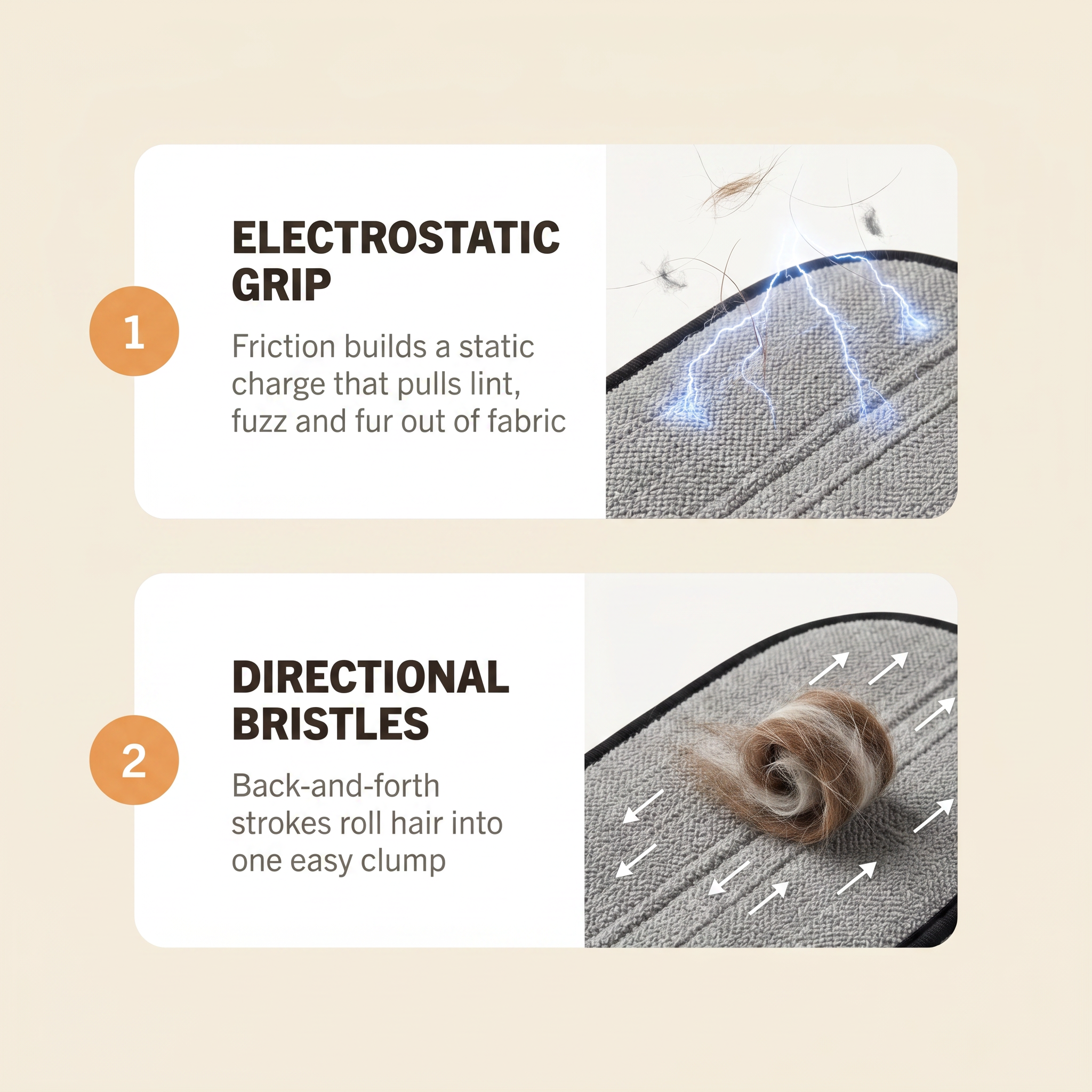 Dual action — electrostatic grip and directional bristles